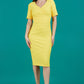 model is wearing diva catwalk seed barton short sleeve pencil dress with v-neck in daffodil yellow front 