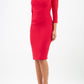 Model wearing the Diva Chelsea Pencil dress with V neckline and three-quarter sleeves in ruby red front image