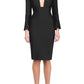 model is wearing diva catwalk fifi pencil skirt dress with three quarter flute sleeve and rounded neckline with a cut out at the front in black front