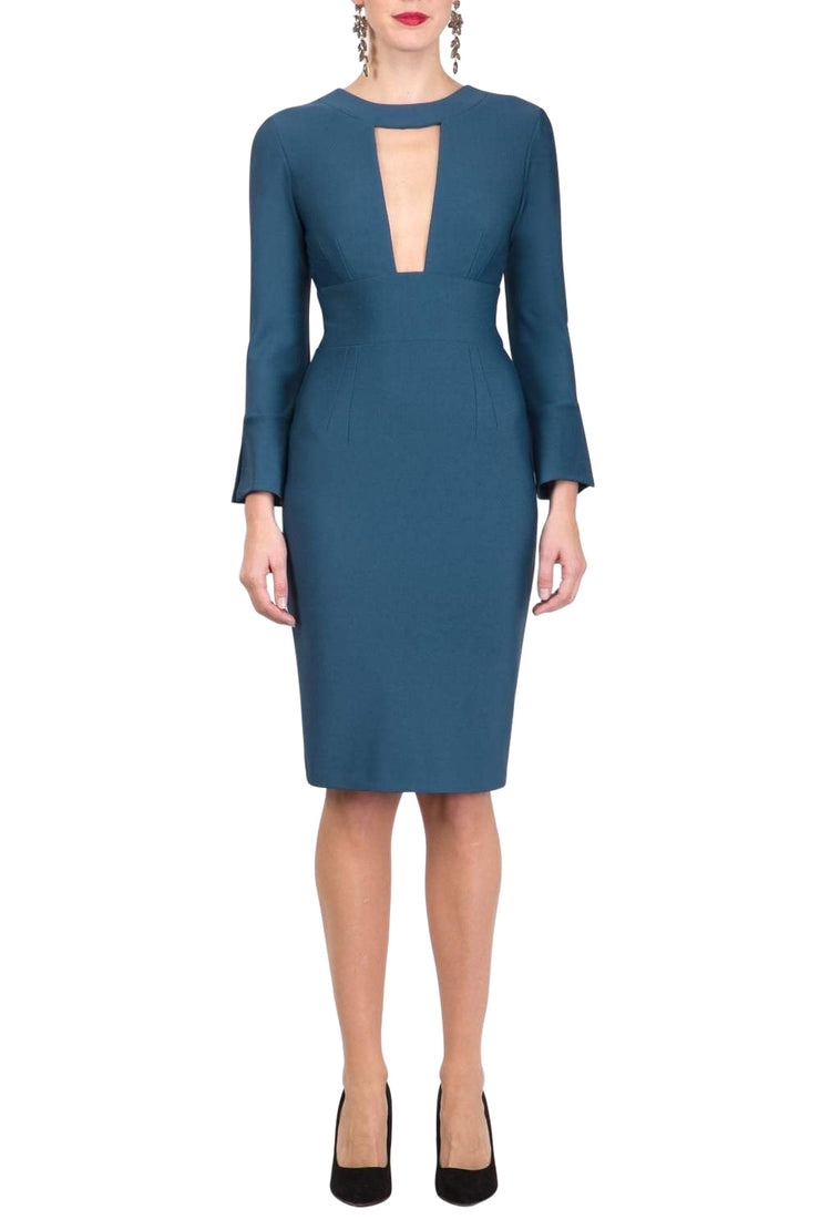 model is wearing diva catwalk fifi pencil skirt dress with three quarter flute sleeve and rounded neckline with a cut out at the front in glorious teal front