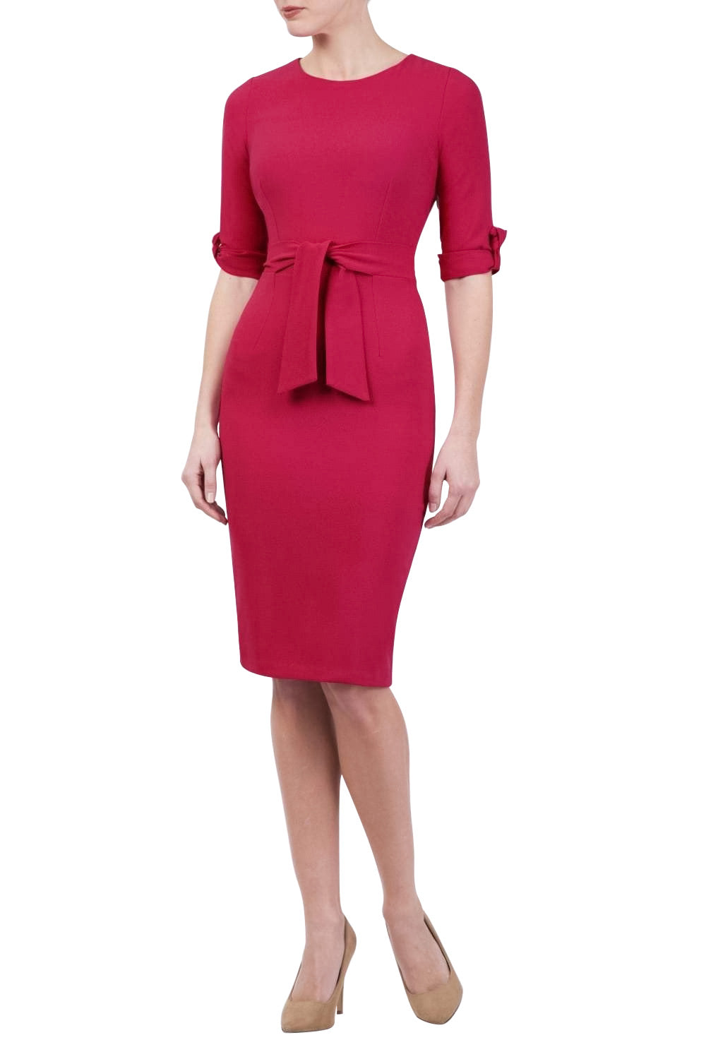 Model wearing the Diva Tryst dress in pencil dress design in ruby red front image
