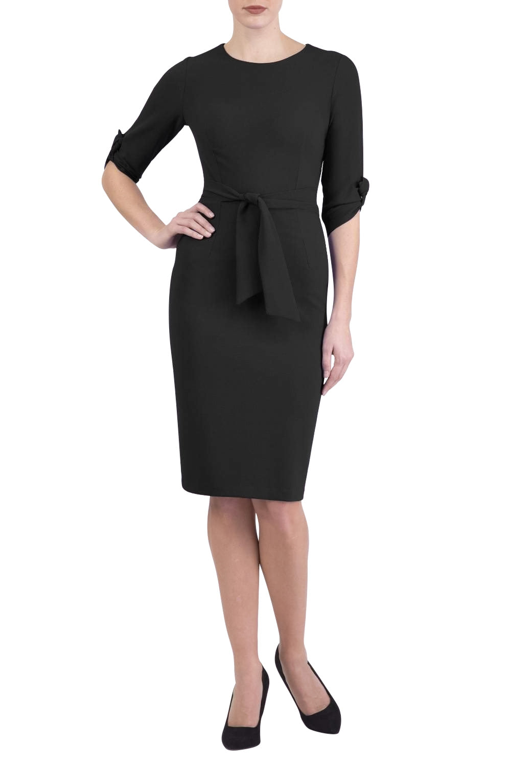 brunette model wearing diva catwalk tryst pencil opulent violet dress with sleeves and belt detail at the front with rounded neckline front
