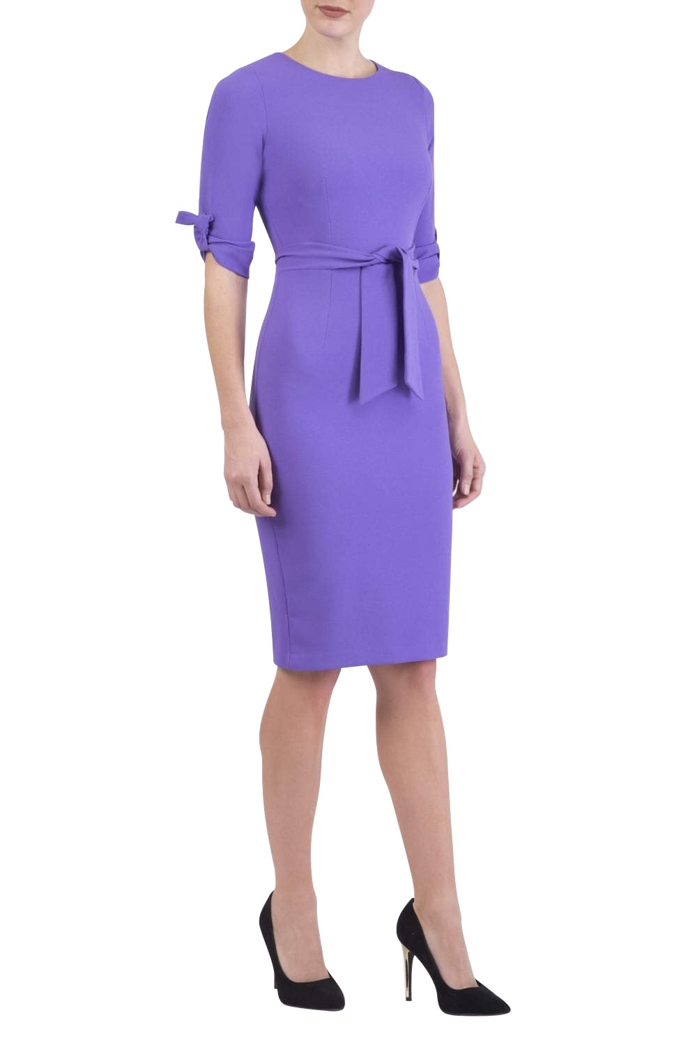 brunette model wearing diva catwalk tryst pencil opulent violet dress with sleeves and belt detail at the front with rounded neckline front