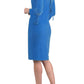 A brunette model is wearing a velvet long bell sleeve pencil dress maternity style in blue jewel colour back