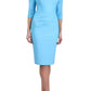 A model is wearing a bistretch pencil three quarter sleeve  and assymetric nackline dress by Diva Catwalk in sky blue