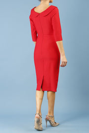 model is wearing diva catwalk seed axford pencil sleeved dress with rounded folded collar in salsa red back