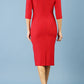 model is wearing diva catwalk seed axford pencil sleeved dress with rounded folded collar in salsa red back