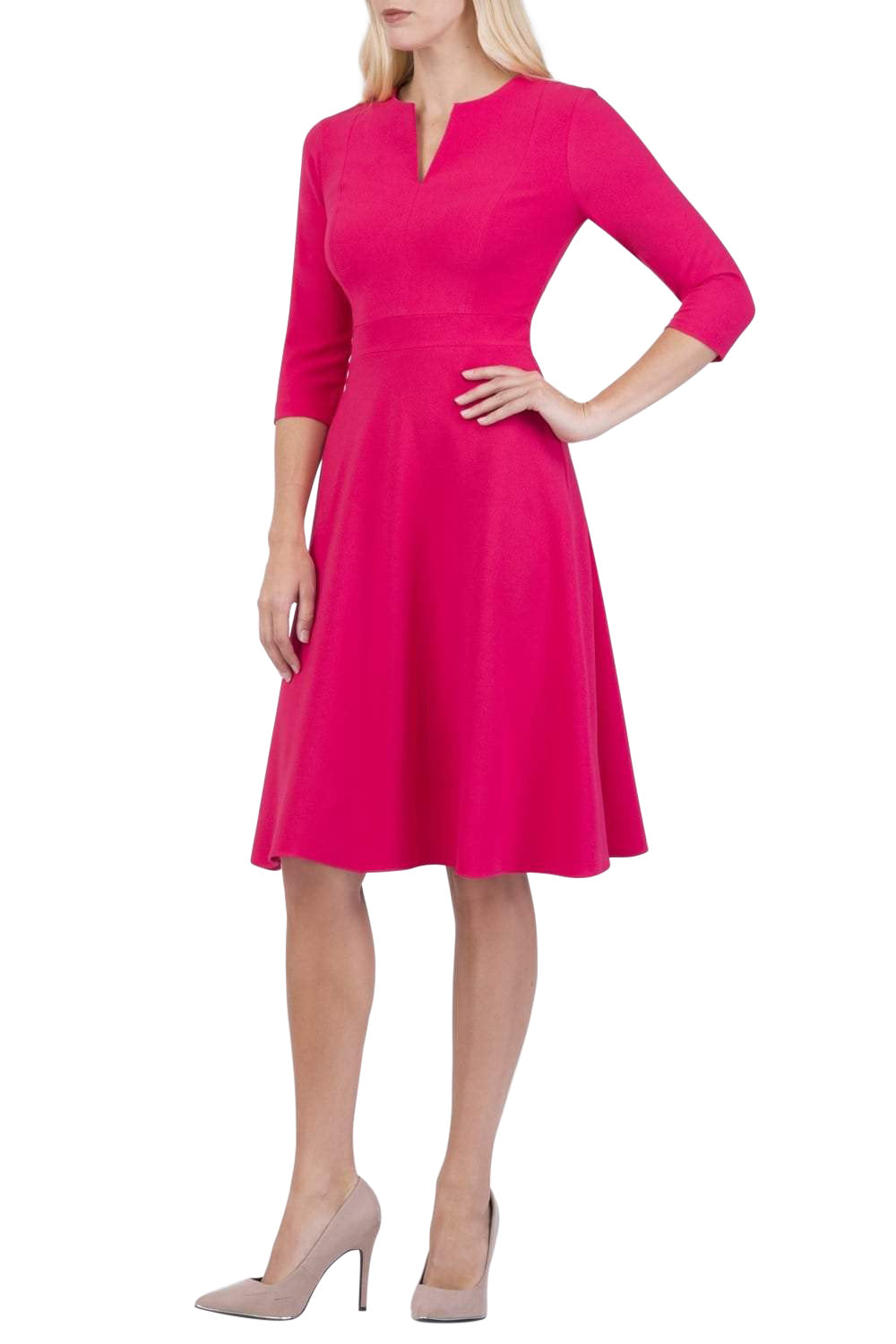 blonde model wearing diva catwalk romney three quarter sleeve swing dress with a band in honeysuckle pink front
