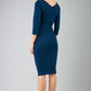 model wearing diva catwalk york pencil-skirt dress with sleeves and rounded folded collar and plearing across the tummy area in glorious teal colour back