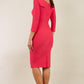model wearing diva catwalk york pencil-skirt dress with sleeves and rounded folded collar and plearing across the tummy area in yarrow pink colour back