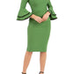 blonde model wearing diva catwalk tina pencil skirt dress with rounded neckline and flute sleeve in vineyard green front
