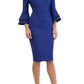 blonde model wearing diva catwalk tina pencil skirt dress with rounded neckline and flute sleeve in cobalt blue front