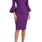 blonde model wearing diva catwalk tina pencil skirt dress with rounded neckline and flute sleeve in royal purple front