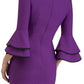 blonde model wearing diva catwalk tina pencil skirt dress with rounded neckline and flute sleeve in royal purple back