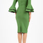 blonde model wearing diva catwalk tina pencil skirt dress with rounded neckline and flute sleeve in vineyard green back