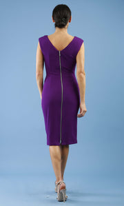 model is wearing Sleeveless marvel stretch Diva Roseberry pencil dress in deep purple back