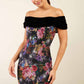 model wearing diva catwalk verdana matilda jaquard pencil-skirt fitted dress print and black velvet bardot neckline sleeveless and knee length 