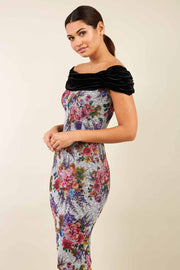 model wearing diva catwalk verdana matilda jaquard pencil-skirt fitted dress print and black velvet bardot neckline sleeveless and knee length 
