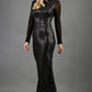 Blonde Model wearing a long full length metallic sparkle dress by Diva Catwalk front