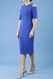 model is wearing diva catwalk solway pencil dress cold shoulder detail and rounded neckline in cobalt blue front