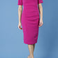 model is wearing diva catwalk camille short sleeve pencil dress with folded rounded neckline in magenta front
