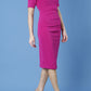 model is wearing diva catwalk camille short sleeve pencil dress with folded rounded neckline in magenta front