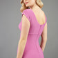 Model wearing Diva Catwalk Polly Rounded Neckline Pencil Cap Sleeve Dress with pleating across the tummy area in pink back
