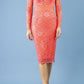 Model wearing the Diva Cherrie Lace Pencil dress with long sleeves and round neck in hot coral front