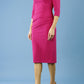 model is wearing diva catwalk ferndown pencil sleeved dress with sweetheart neckline in magenta haze colour front