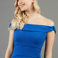 model wearing diva catwalk cloud pencil fitted flattering dress off shoulder sleeveless with detail with pleating around the front in cobalt front