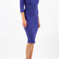 model is wearing diva catwalk polly sleeved pencil dress with low rounded neckline at the back in deep orient blue front