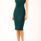 blonde model is wearing diva catwalk mariposa pencil dress with Detailed Bardot neckline with fold-over detail and pleated at waist area in forest green front