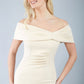 blonde model is wearing diva catwalk mariposa pencil dress with Detailed Bardot neckline with fold-over detail and pleated at waist area in beige front
