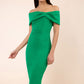blonde model is wearing diva catwalk mariposa pencil dress with Detailed Bardot neckline with fold-over detail and pleated at waist area in emerald green front