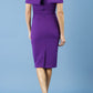 blonde model is wearing diva catwalk mariposa pencil dress with Detailed Bardot neckline with fold-over detail and pleated at waist area in deep purple back