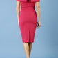 blonde model is wearing diva catwalk mariposa pencil dress with Detailed Bardot neckline with fold-over detail and pleated at waist area in raspberry pink back