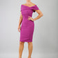 blonde model is wearing diva catwalk mariposa pencil dress with Detailed Bardot neckline with fold-over detail and pleated at waist area in hollyhock purple front