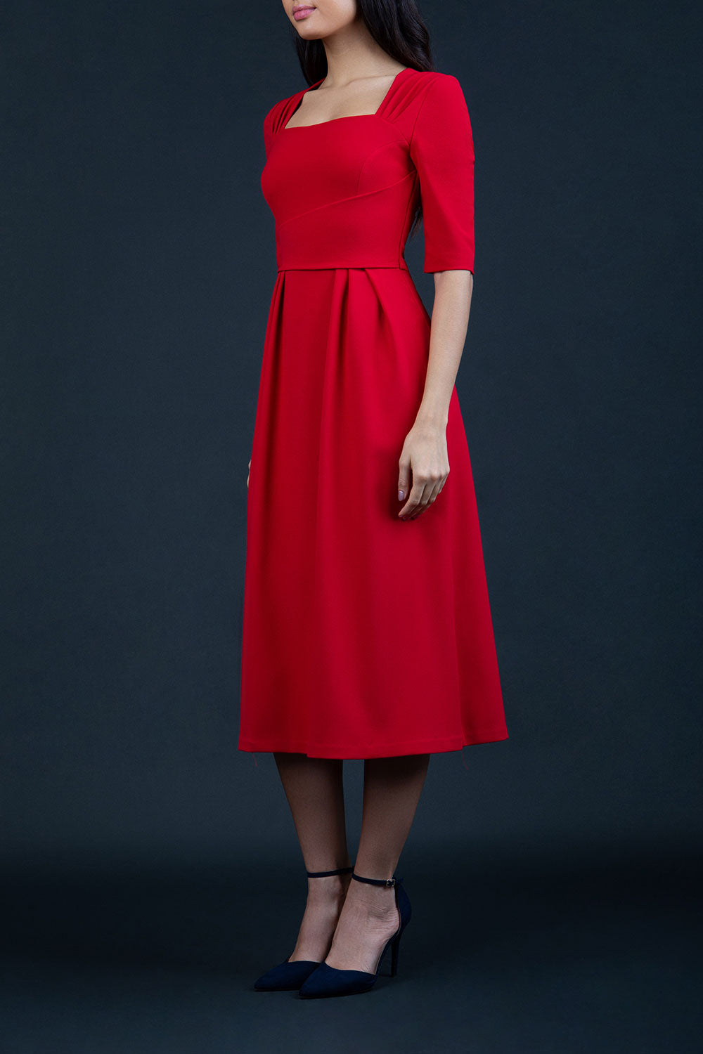 model is wearing diva catwalk mimi maxi sleeved dress with square neckline in scarlet red front