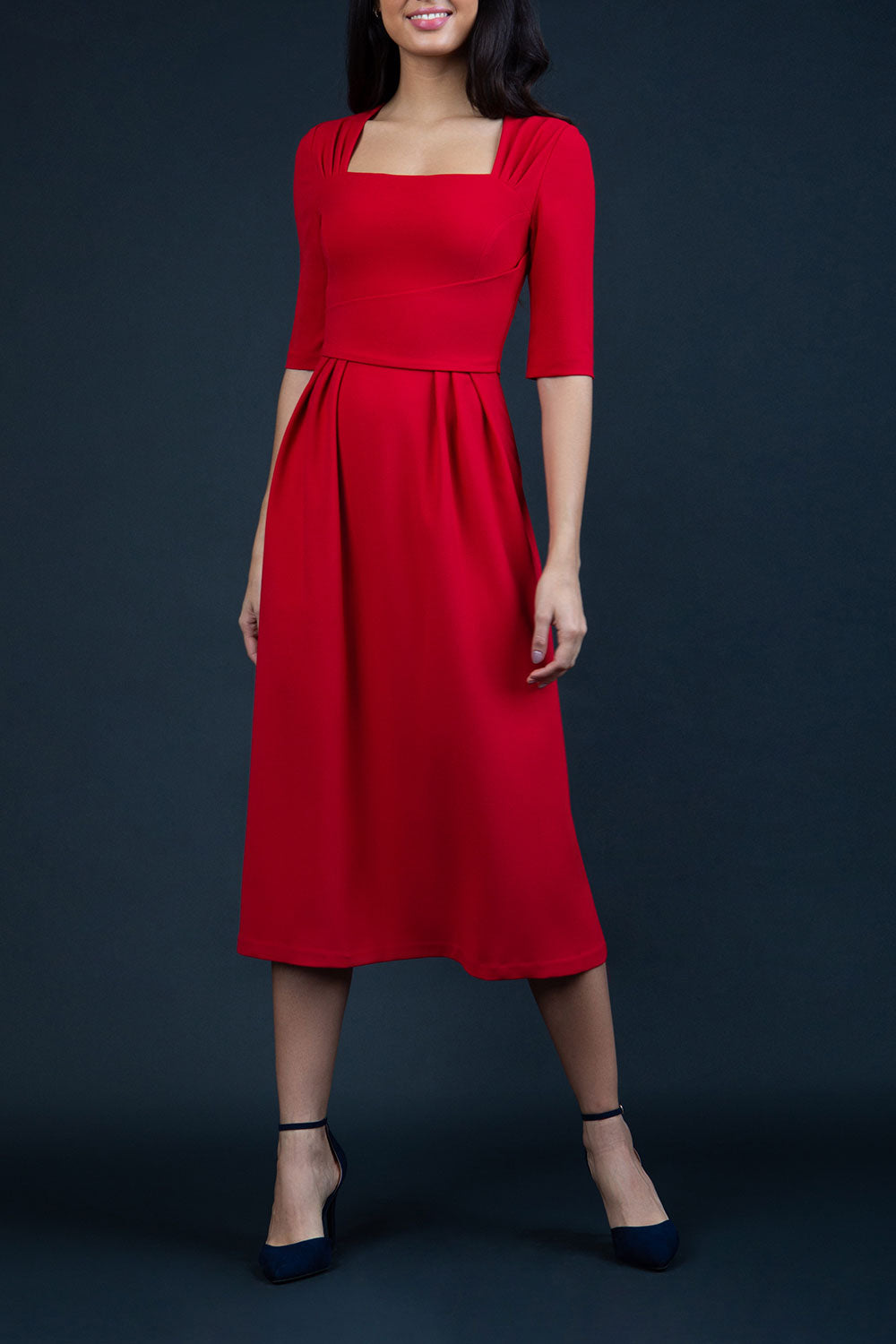model is wearing diva catwalk mimi maxi sleeved dress with square neckline in red front