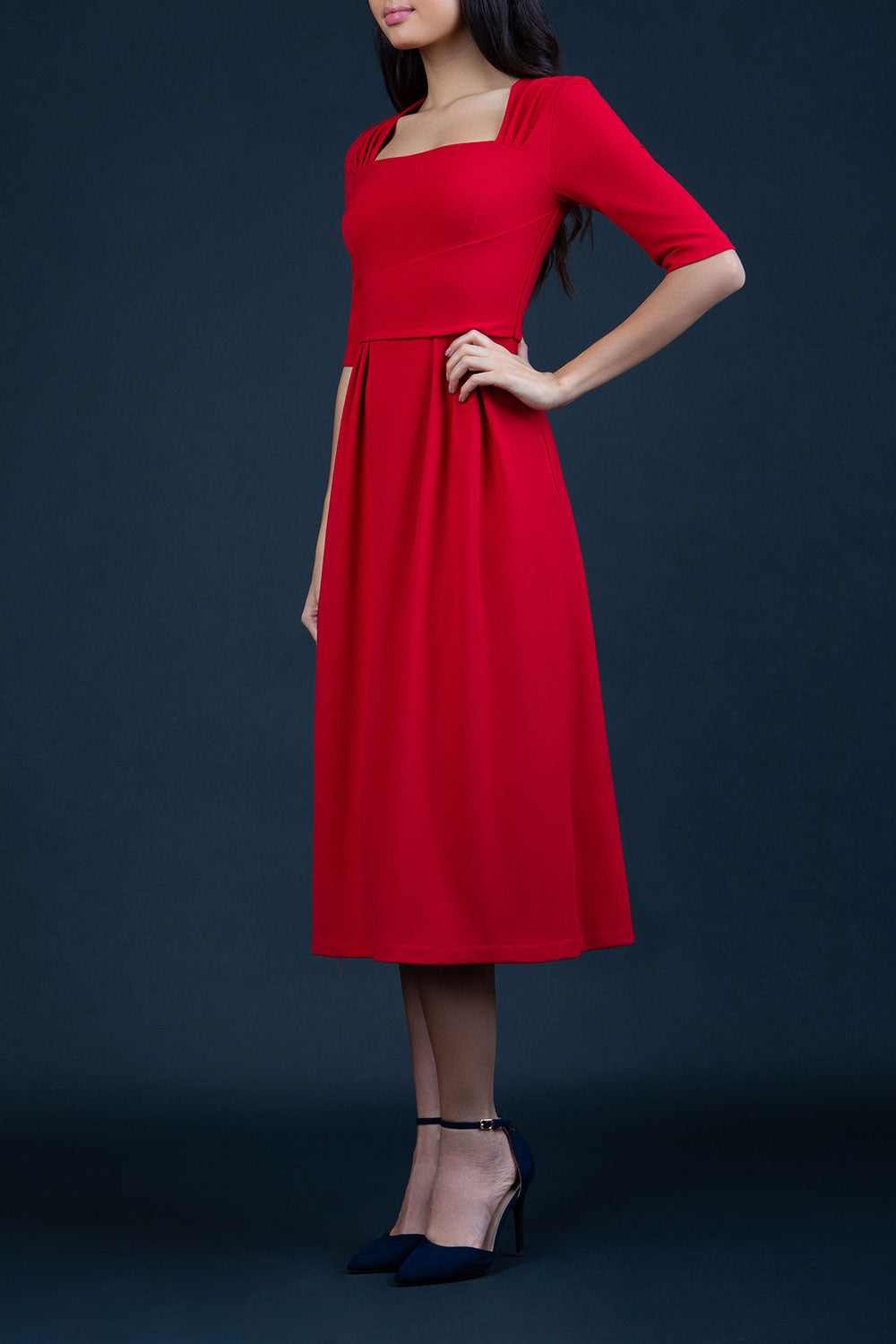 model is wearing diva catwalk mimi maxi sleeved dress with square neckline in scarlet red front