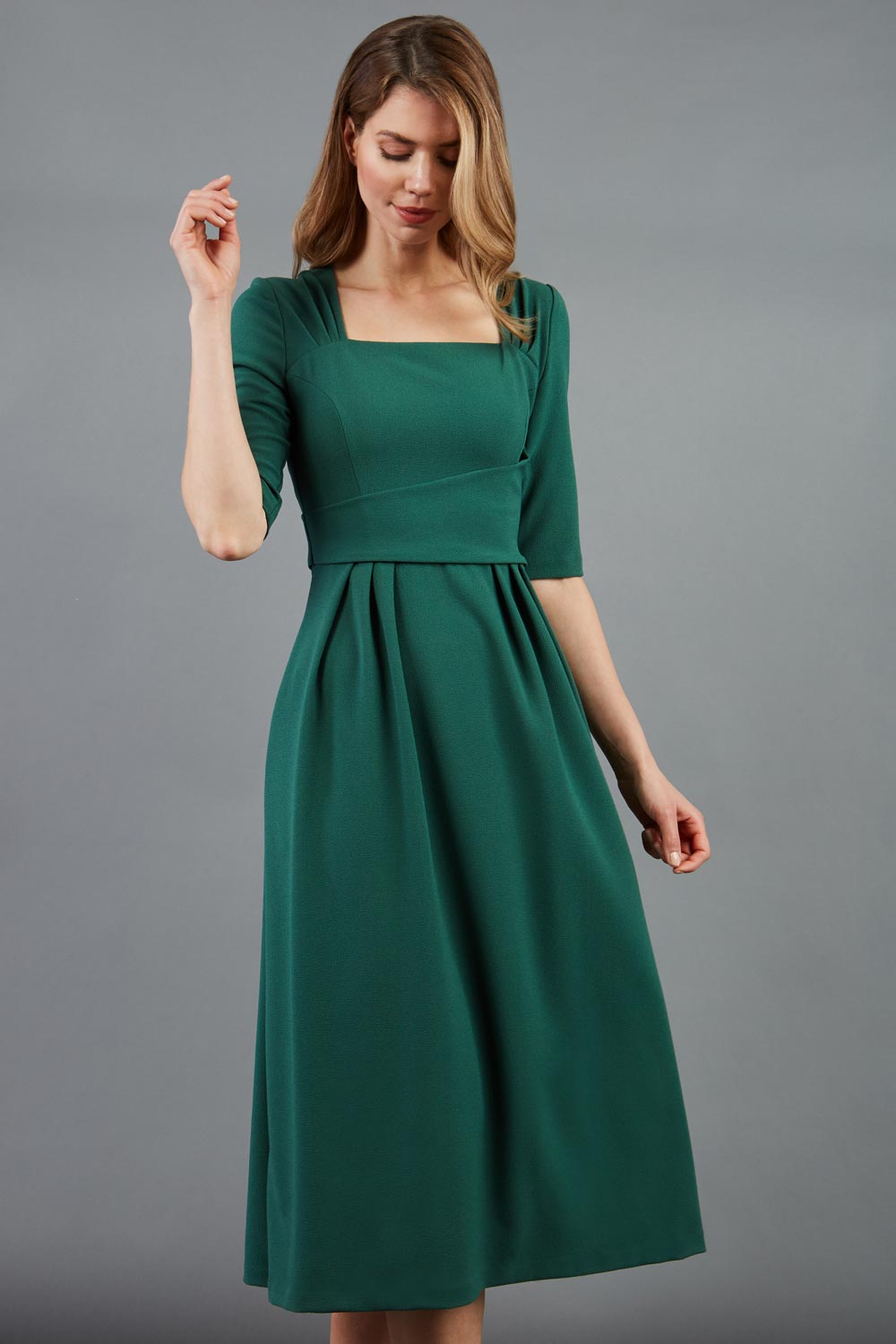 model is wearing diva catwalk mimi maxi sleeved dress with square neckline in hunter green front