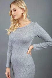 blonde model wearing diva catwalk elstar pencil plain dress made of very soft and cosy cashmere fabric with long sleeves in grey front