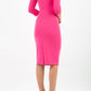 model is wearing diva catwalk eliza sleeved pencil dress with collared v-neck in hibiscus pink back