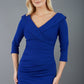 model is wearing diva catwalk eliza sleeved pencil dress with collared v-neck in cobalt blue front