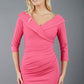 model is wearing diva catwalk eliza sleeved pencil dress with collared v-neck in hibiscus pink front