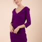 model is wearing diva catwalk eliza sleeved pencil dress with collared v-neck in purple front
