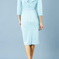 model is wearing diva catwalk eliza sleeved pencil dress with collared v-neck in sky blue back