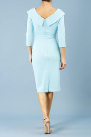 model is wearing diva catwalk eliza sleeved pencil dress with collared v-neck in sky blue back