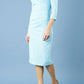 model is wearing diva catwalk eliza sleeved pencil dress with collared v-neck in sky blue front