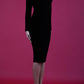 blonde model wearing diva catwalk black pencil dress called trocadero pencil midaxi style with funnel neckline and lace detail and long sleeves front